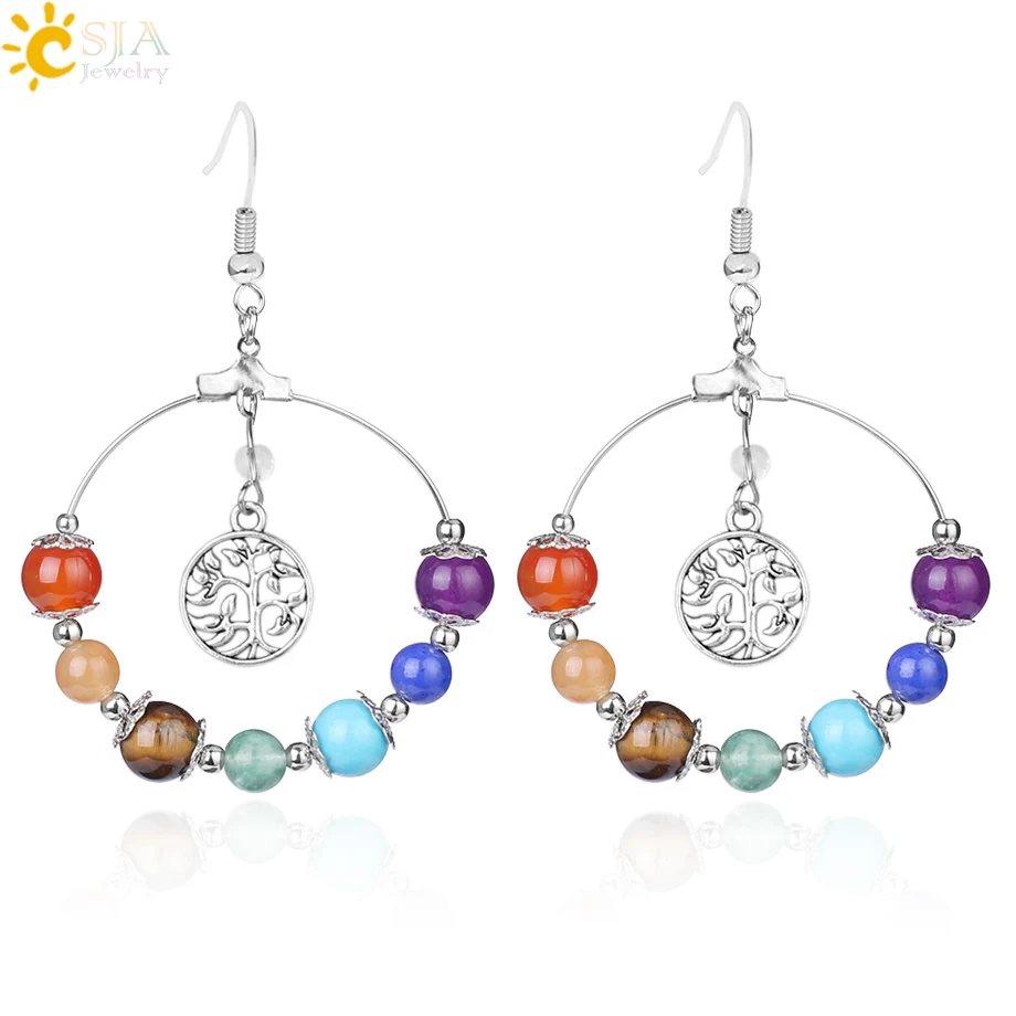 

CSJA 7 Chakra Tree of Life Women Drop Earrings Natural Round Gem Stone Bead Reiki Healing Crystal Earrings Bohemian Jewelry E769