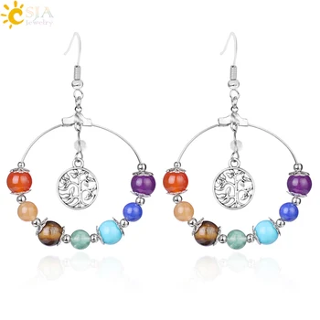 

CSJA 7 Chakra Tree of Life Women Drop Earrings Natural Round Gem Stone Bead Reiki Healing Crystal Earrings Bohemian Jewelry E769