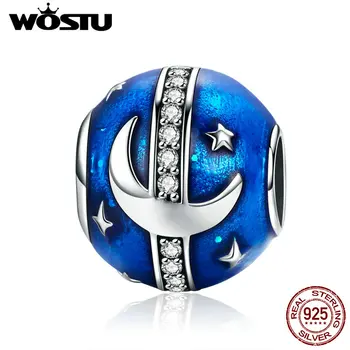 

WOSTU Real 100% 925 Sterling Silver Bright Galaxy Moon & Star Dazzling Beads for Lady Clear CZ Brand Charm Bracelet CQC796