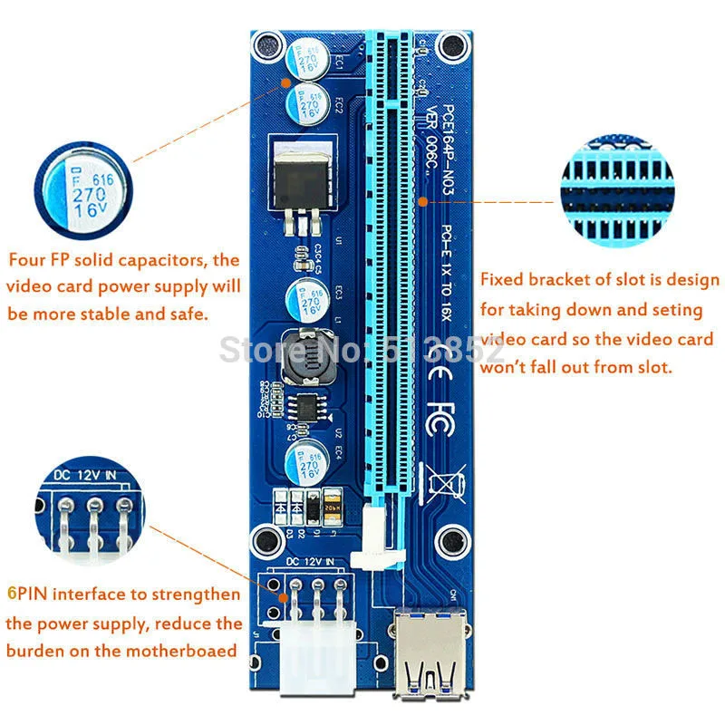PC PCIe PCI-E PCI Express Riser Card 1x to 16x USB 3.0 Data Cable SATA to 6Pin IDE Molex Power Supply for BTC Miner Machine