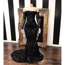 Vestidos с открытыми плечами Русалка Выпускные платья новые черные с длинными рукавами блестками Вечерние Нарядные платья для вечеринок