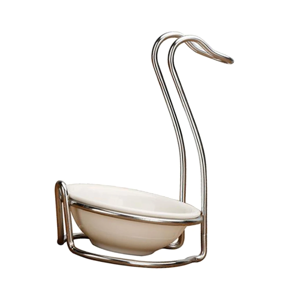 Modern Round Ceramic Bowl Ladle Stainless Steel Spoon Rest Holder with Polished Pot Clips Vertical Design Rack Kitchen Gadgets