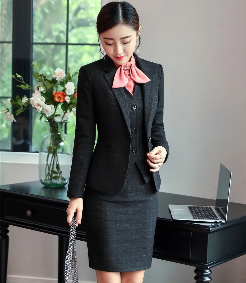 Formal Uniform Designs Business Suits With 4 Piece Blazer and Skirt and Vest Coat & Waistcoat and Blouses For Ladies Work Sets