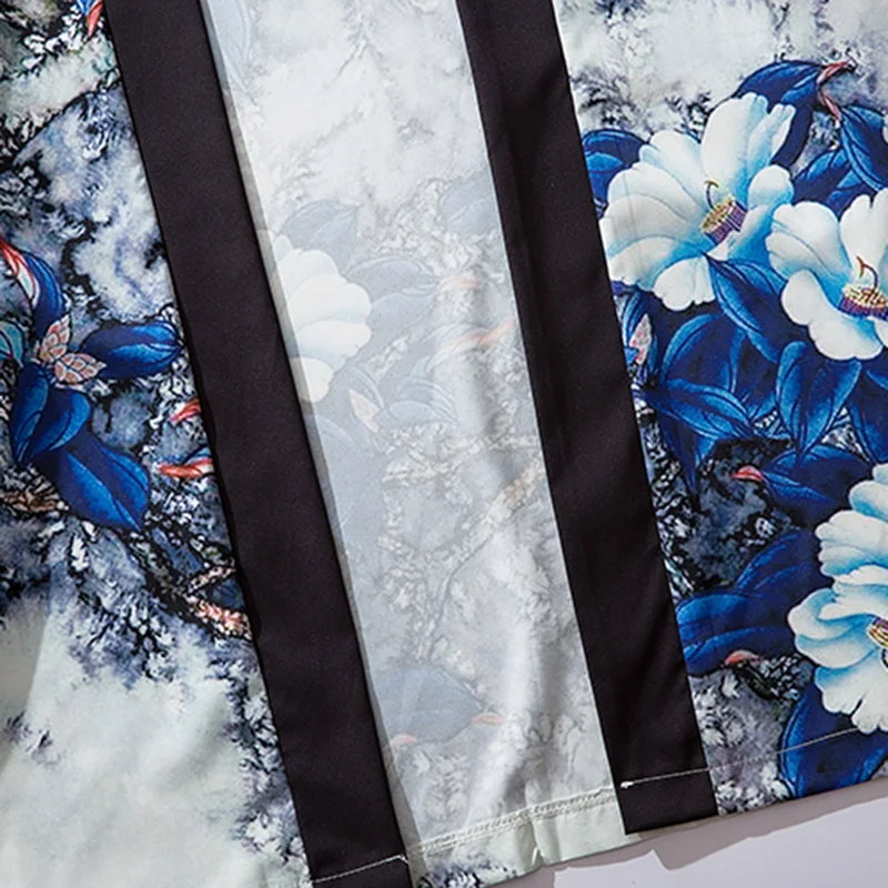 Harajuku Floral Kimono Jacket Japanese Hip Hop Men Streetwear Jacket Blue Leaves Flower Print 2019 Summer Thin Gown Japan Style