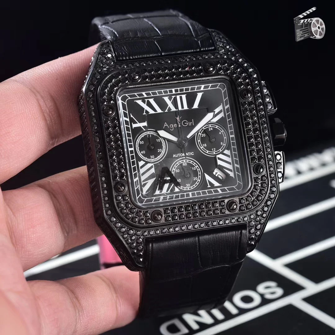 

Luxury Brand New Chronograph Men Stopwatch Sapphire Full Iced Diamond Case Rose Gold Silver All Black Leather Sport Watch Limit