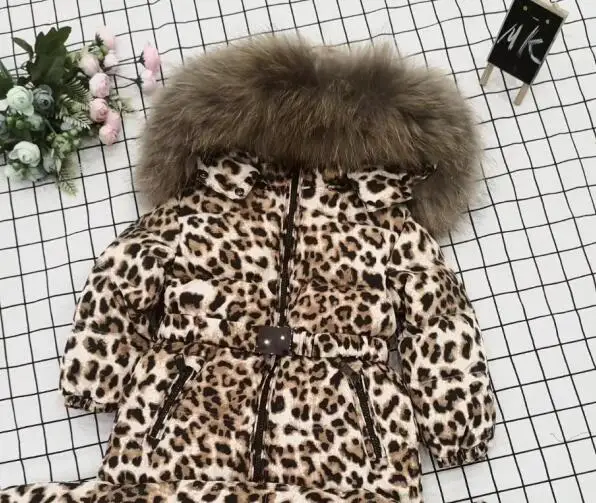 Winter Jacket Children down jackets& PANT duck down Fur hooded Leopard flower girl snowsuit boy set outerwear ski suit - Цвет: jiacket only