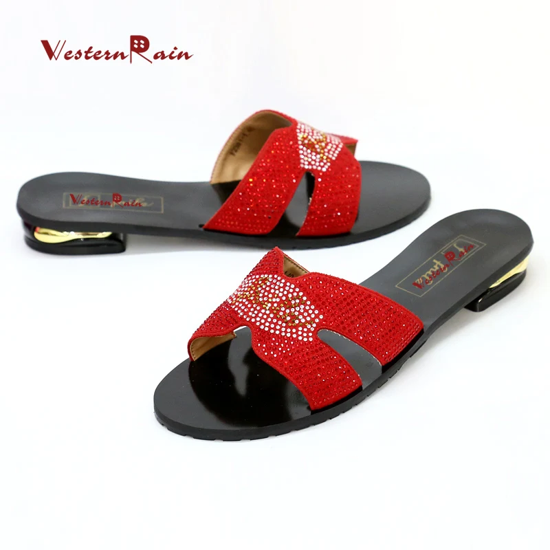 

WesternRain red and purple Ladies slippers with bring bring stone women shoes Large Size Ladies Sandals F2381-1