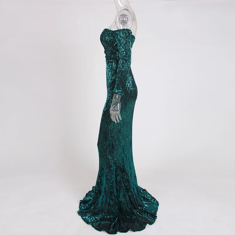 Элегантное с плеча длинное платье зеленое Платье с блестками темно-синийсиний Платье с блесткамиплатье для вечеринкиэластичный длина пола тугой платье для вечеринки
