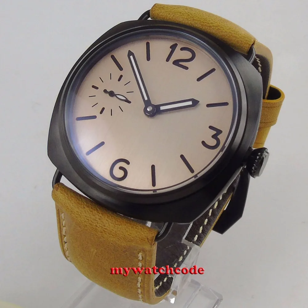 47 мм parnis стальной розовый стерильный циферблат 6497 ручной обмотки кожаные мужские часы