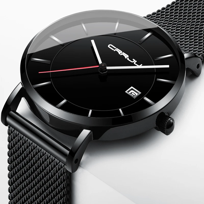 

Crrju Men's Watches Black Business Waterproof Sport Quartz Watch Men Brand Luxury Date Clock Male Stainless Steel Wrist Watch