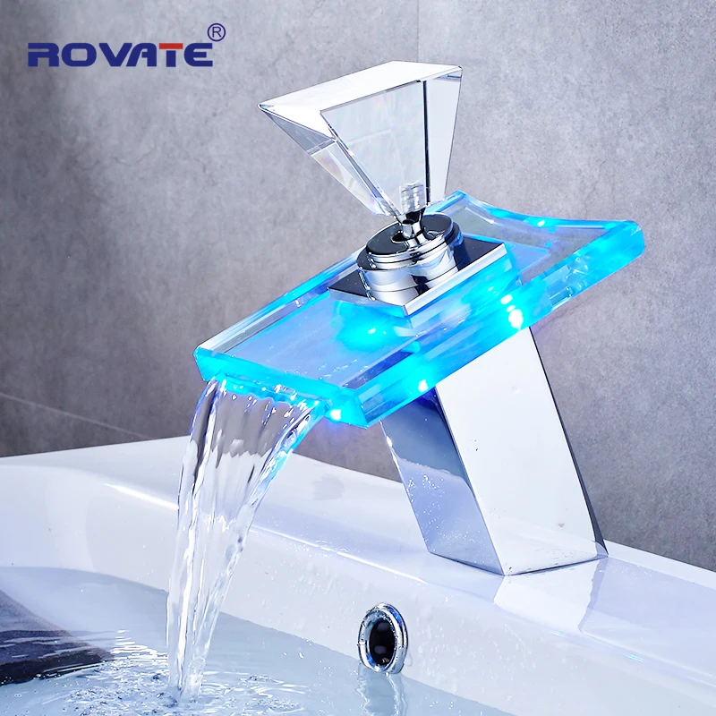 ROVATE grifo de lavabo luz Led, grifería de cascada baño, cambio de Color temperatura, montado en cubierta de un solo orificio|sink tap| led light basin faucetbathroom waterfall taps - AliExpress