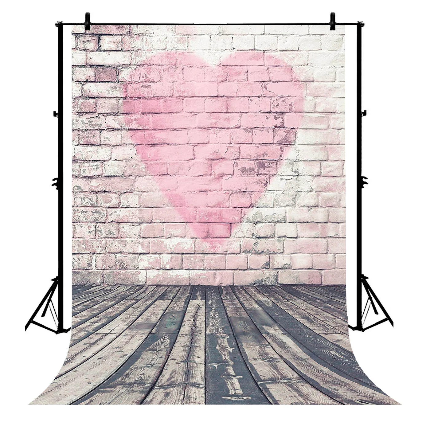 

5x7ft Pink Heart Love White Brick Floor Wood Wall Valentine Day Polyester Photo Background Portrait Backdrop