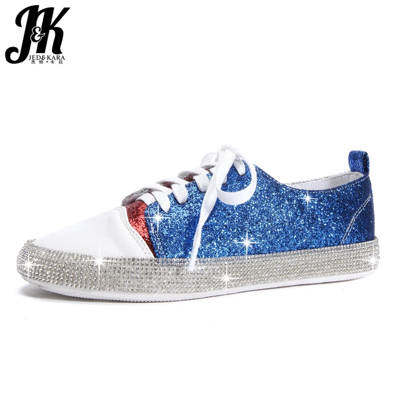 

JK 2019 Autumn Women Flats Fashion Casual Girl Shoes Flat Sole Crystal Shoelaces Rubber Footwear Bling Round Toe Ladies Shoes