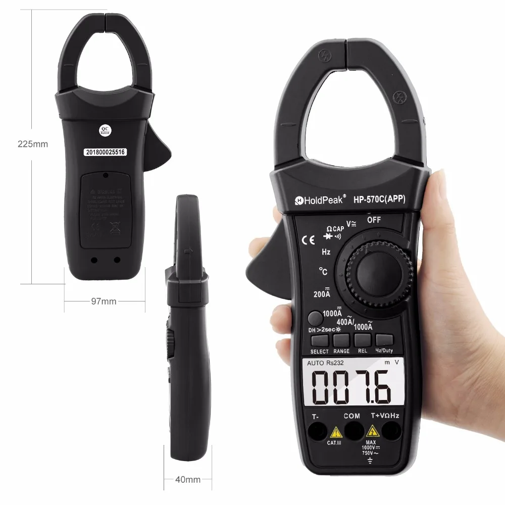 HoldPeak цифровой клещи HP 570C APP 1000A AC/DC тока Напряжение емкость Температура мультиметр
