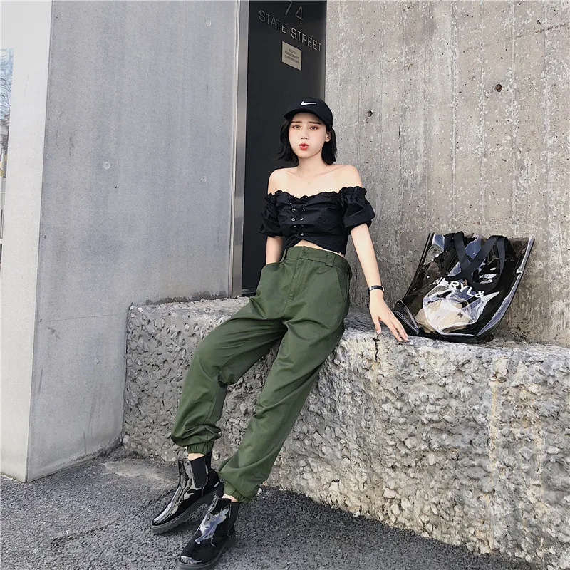 2019 последние весенние модные брюки-карго женские с высокой талией Stresswear черные свободные рабочие брюки женские мужские Штаны Капри L166