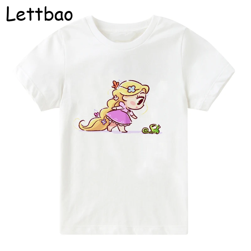 

Fairytale Princess Print Kawaii Rapunzel and Elfin Girls T Shirt Cartoon Funny Casual Kids Clothes Summer Cotton Tshirt for Girl