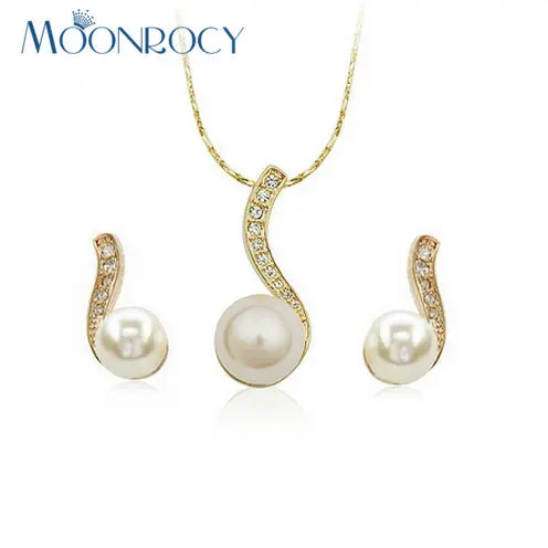 MOONROCY Free Shipping Rose Gold Color Crystal Pearl Jewelry Set imitation pearl earring women's Gift | Украшения и