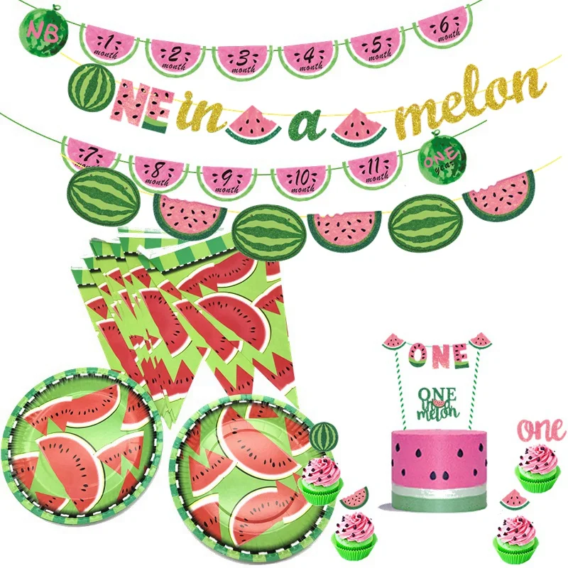 

Summer Fruit Watermelon Birthday Theme Party Decoration Cup Plate Pull Flag Watermelon Cake Insert Photo Folder