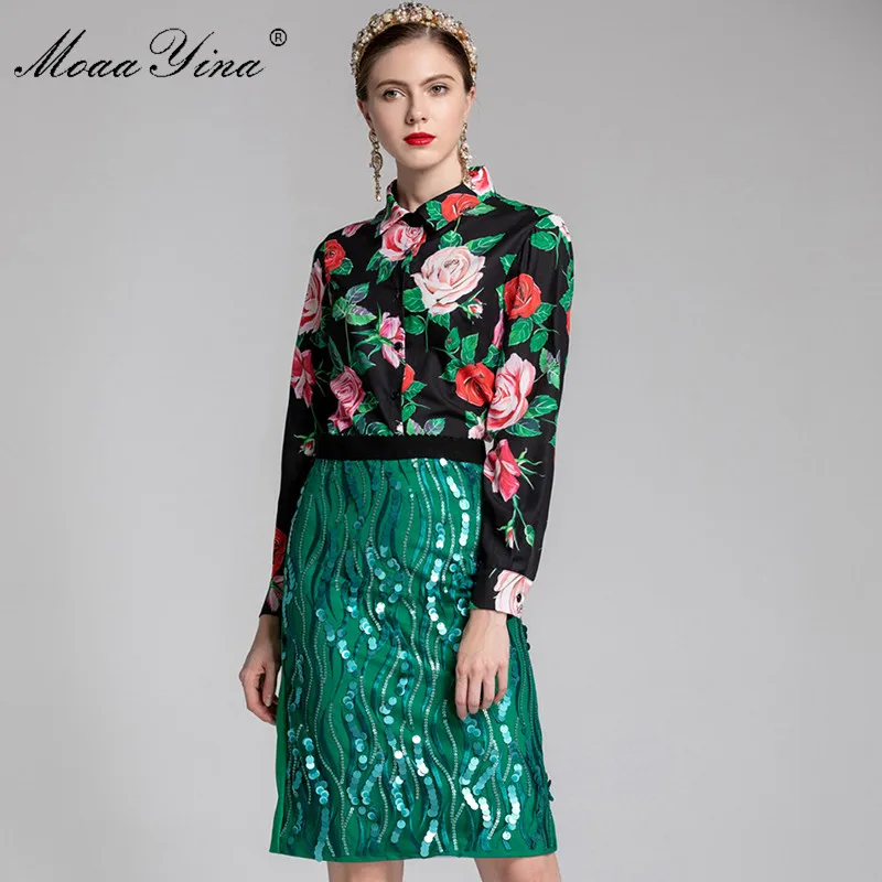 

MoaaYina Fashion Set Spring Women Long sleeve Rose Print Turn-down Collar Shirt Tops+Package buttocks Sequin Skirt Two-piece set