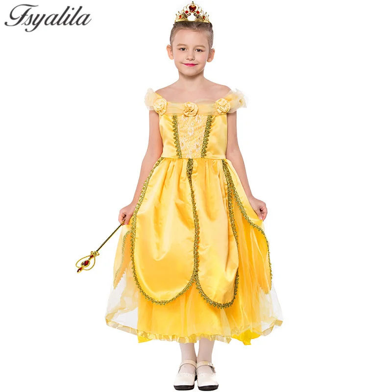 Princess Bella Costume Girls Princess Dress Yellow Halloween Costume Stage Show Children Day Beauty and the Beast Cosplay Unfirm Princess Bella Costume Girls Princess Dress Yellow Halloween Costume Stage Show Children Day Beauty and the Beast Cosplay Unfirm