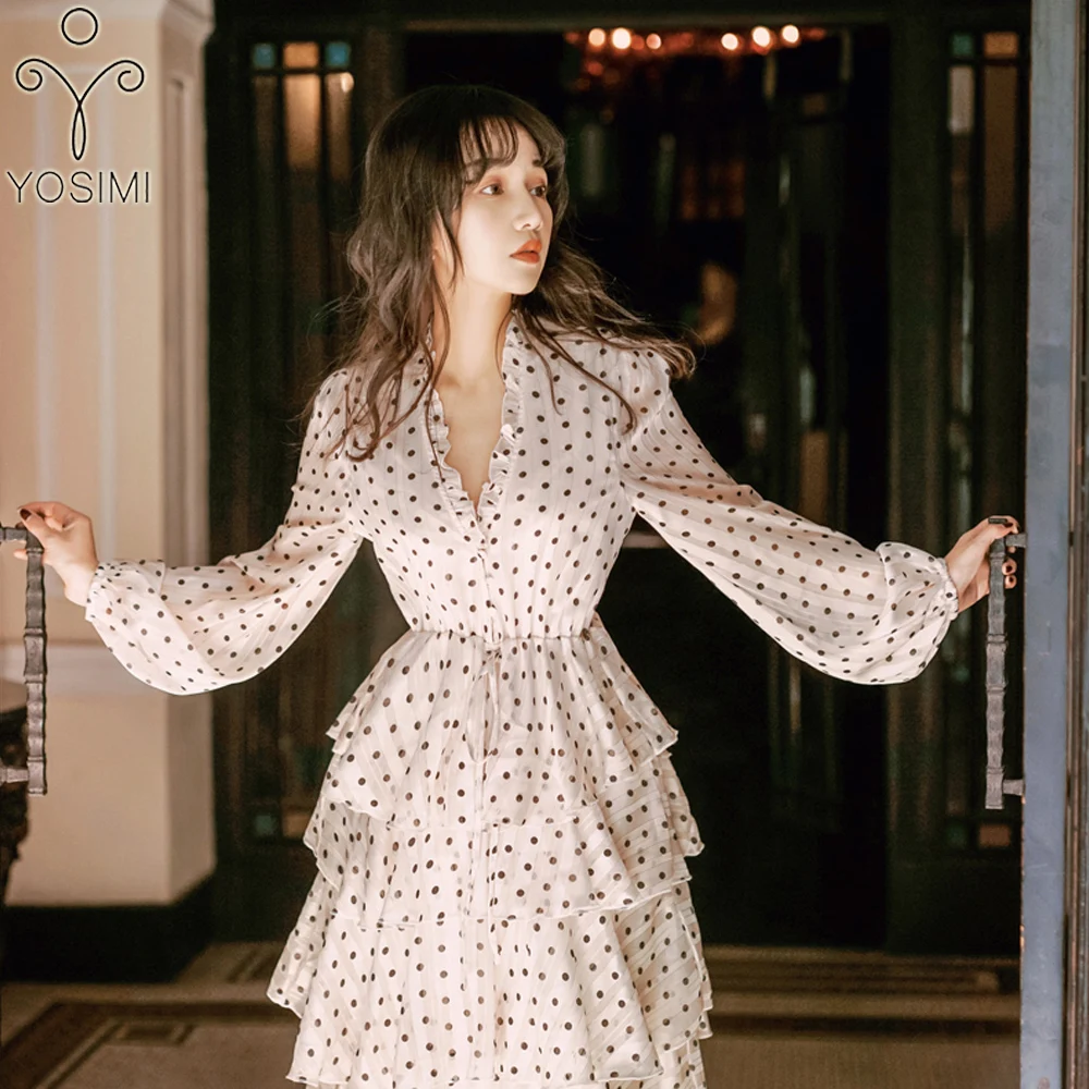 

YOSIMI 2019 Spring Summer Dress Maxi Vintage Ruffles Long Women Dress Dot V-neck Long Full Sleeve Party Long Cake Dress Female