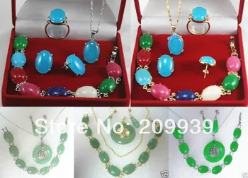 

huij 002302 5 color-green jade bead 18KGP link bracelet earring bless happiness pendant set