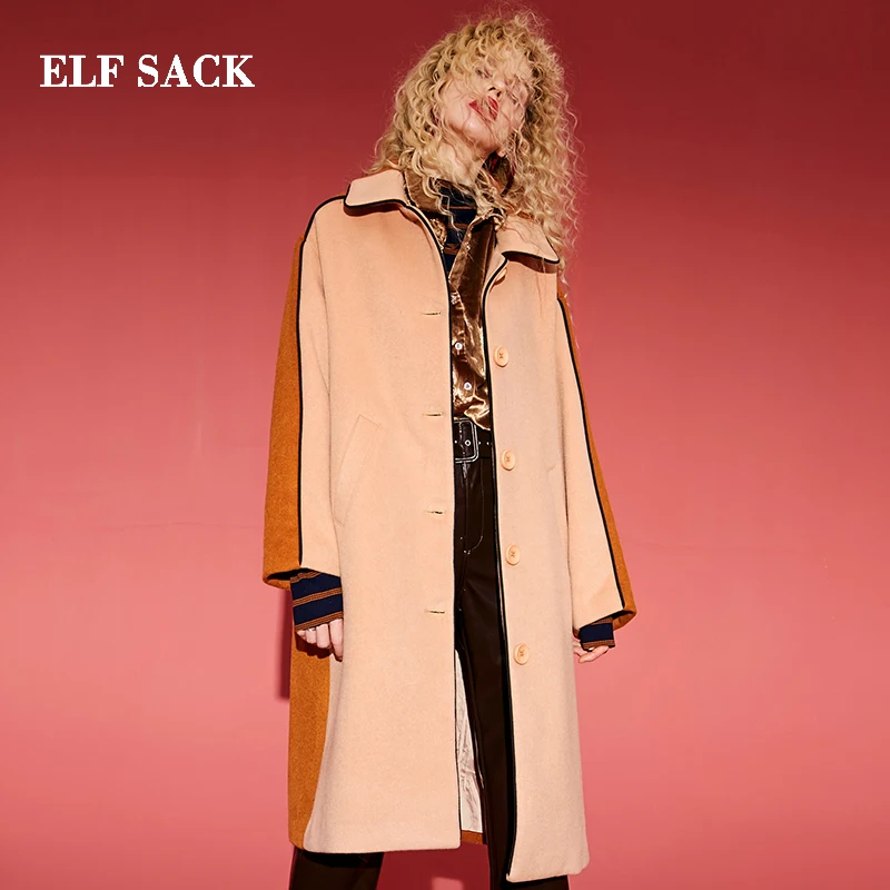 ELF SACK модная Новая женская шерстяная куртка 33.5% Шерсть Повседневная широкая талия пэчворк Женское пальто длинный полный толстый Femme куртки