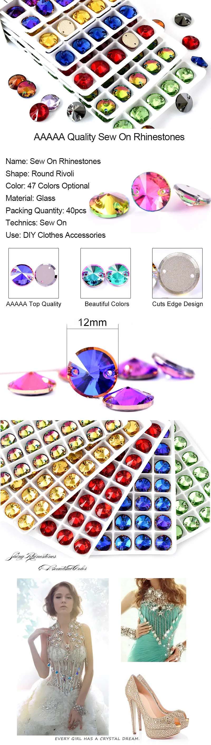 40pcs AAAAA Quality 12mm Round Rivoli Glass Sew On Rhinestones Flatback Crystal Sewing Strass for DIY Wedding Dress B1248