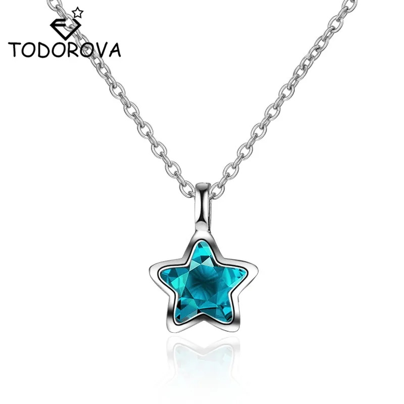 

Todorova Elegant Lady Shiny Star Necklace Female 925 Sterling Silver Chain Jewelry Blue Crystal Star Pendant Necklaces for Women