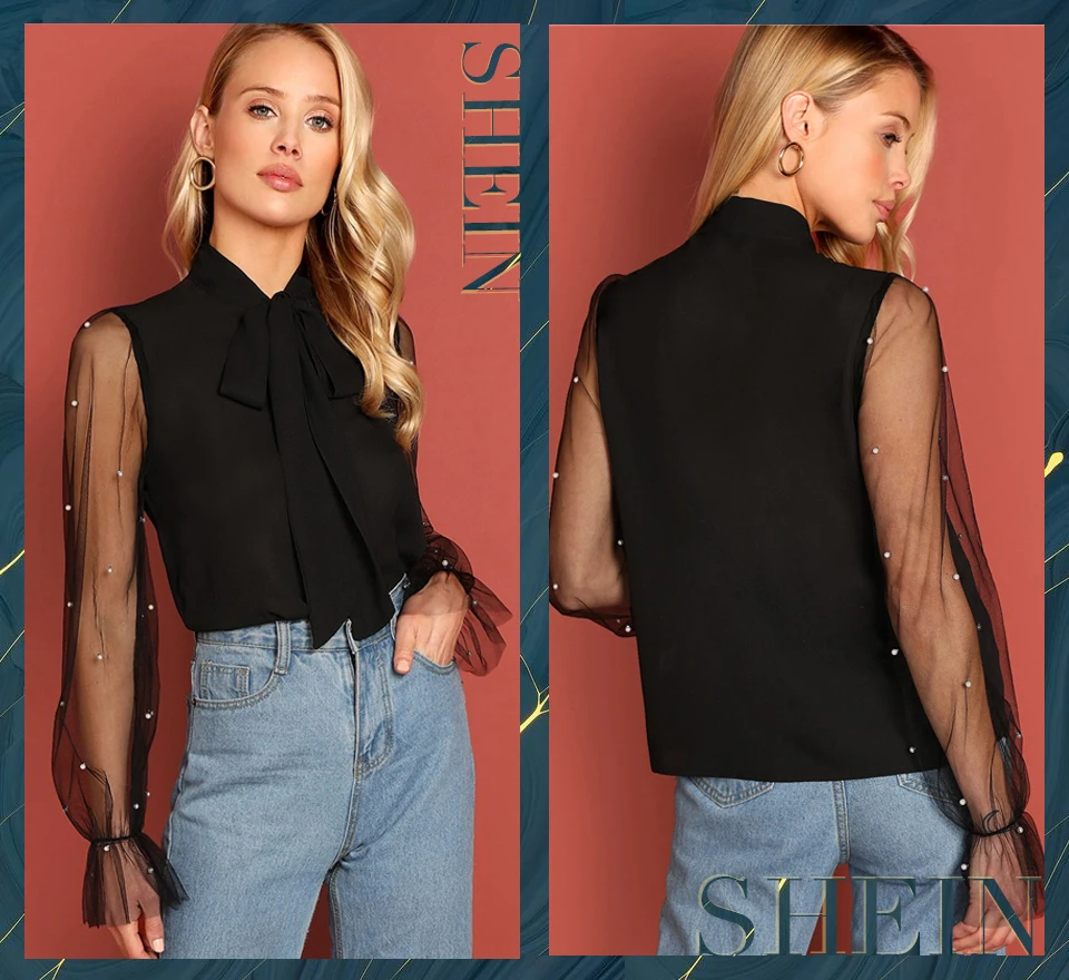 SHEIN Black Tie Neck Pearl Beading Mesh Sleeve Top Elegant Workwear Long Sleeve Plain Blouses Autumn Women Tops And Blouses