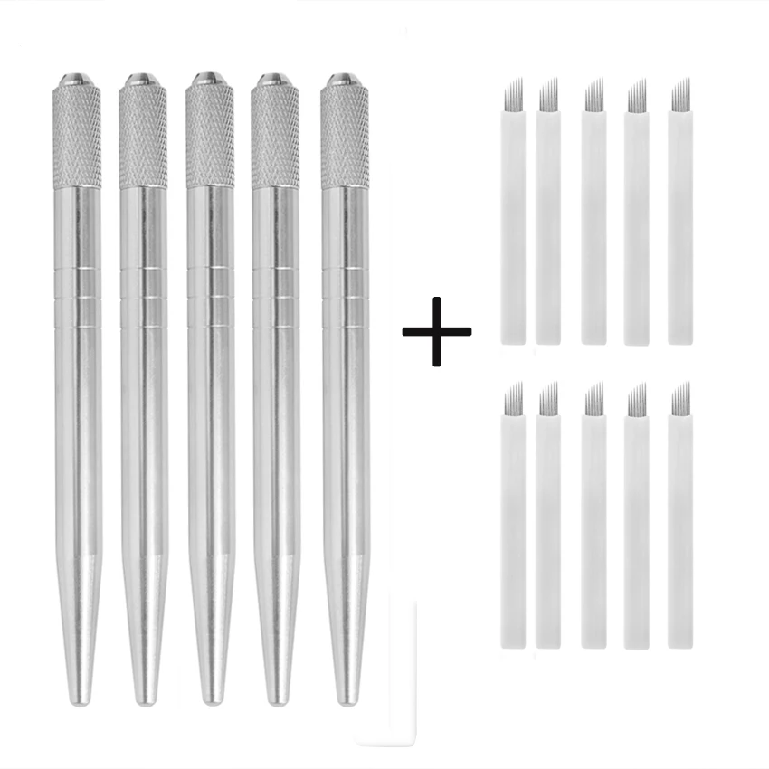 

Tattoo Manual Pen Kit 5Pcs Pen and 10Pcs 7Pin Tattoo Needles Set Permanent Makeup Eyebrow Lip Eyeline Microblading Tattoo Supply