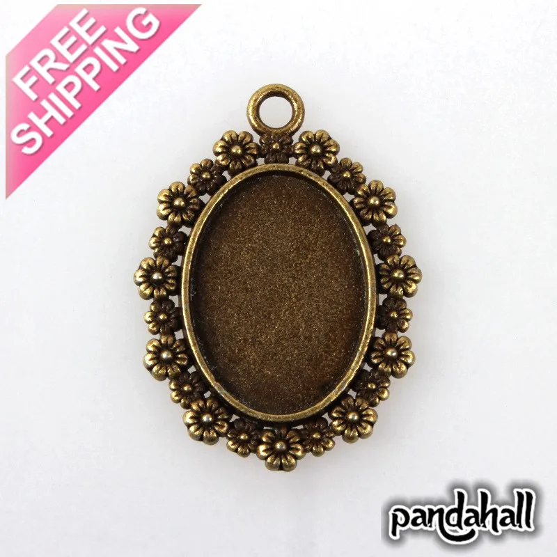 Vintage  Alloy Flower Pendant Cabochon Bezel Settings, Nickel Free, Antique Bronze, Oval Tray: 25x18mm; 41x29.5x2.5mm, Hole: 3mm