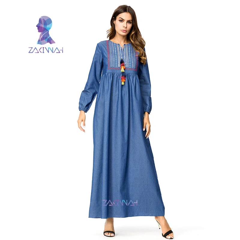 

Fashion Colorful Tassel Robe Plus Size Muslim Denim Dress Abayas For Women Embroidery Bandage Dresses Dubai Islamic Clothing