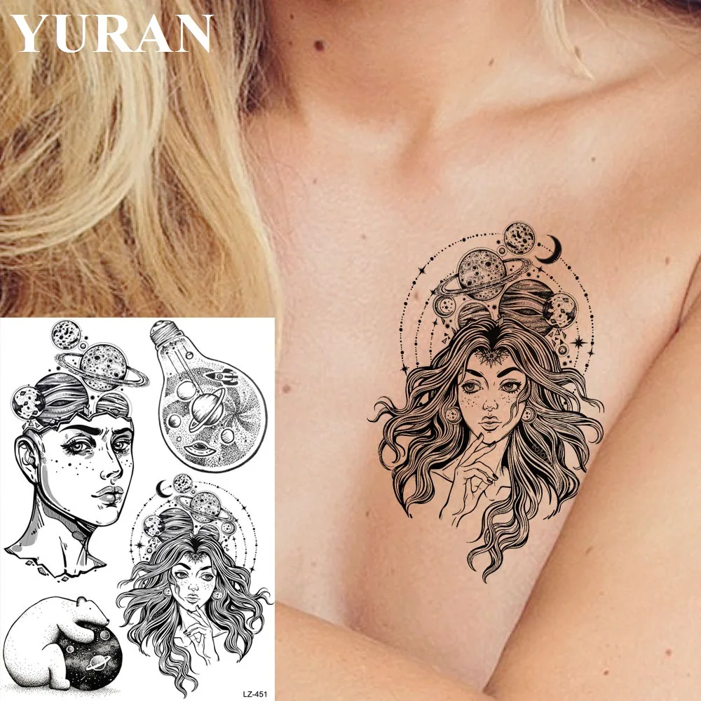 YURAN Black Beauty Thinker Universe Tattoos Stickers Sketch Bulb Arm Tattoo Temporary Women Men Sexy Custom DIY Tatoos Supplies | Красота и