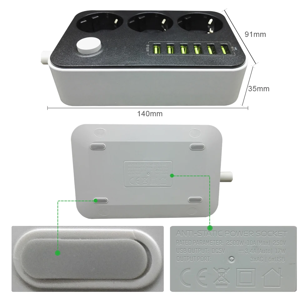 Удлинитель для заземления, сетевой фильтр с защитой от перенапряжения, электрическая розетка 3, розетка для ЕС, переменного тока, 6, USB, настенное зарядное устройство, адаптер 3.4A для телефона