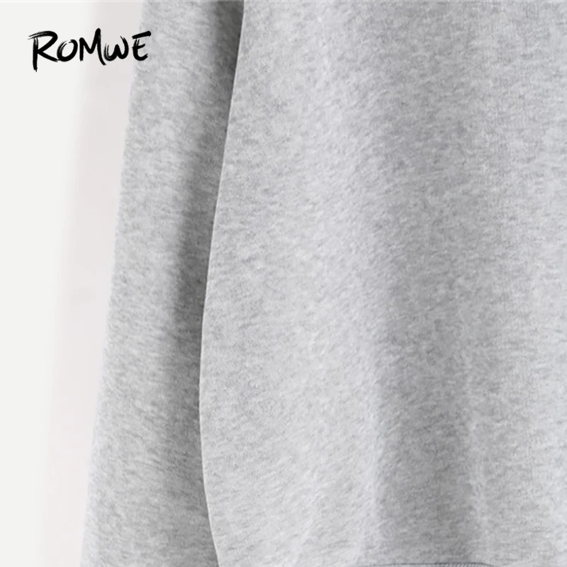  ROMWE Light Grey Letter Print Grey Sweatshirt Ladies Spring Autumn Winter Round Neck Long Sleeve Fe