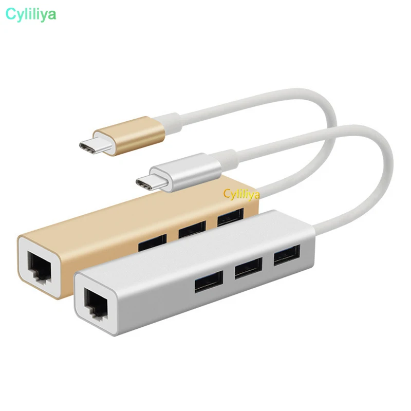 

10pcs Type-c To LAN RJ45+3 USB 3.0 Hub Muti-function Gigabit Ethernet Adapter 1000Mbps for MacBook Pro PC
