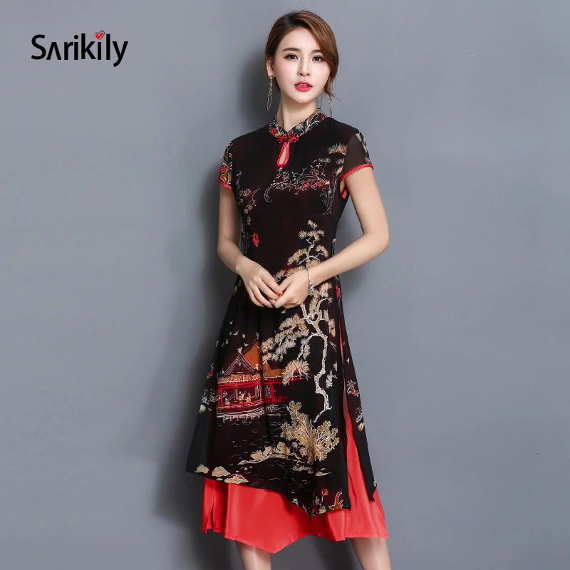 Sarikily китайский Стиль платье Qipao летние шорты рукавом Cheongsam Зеленый Красный