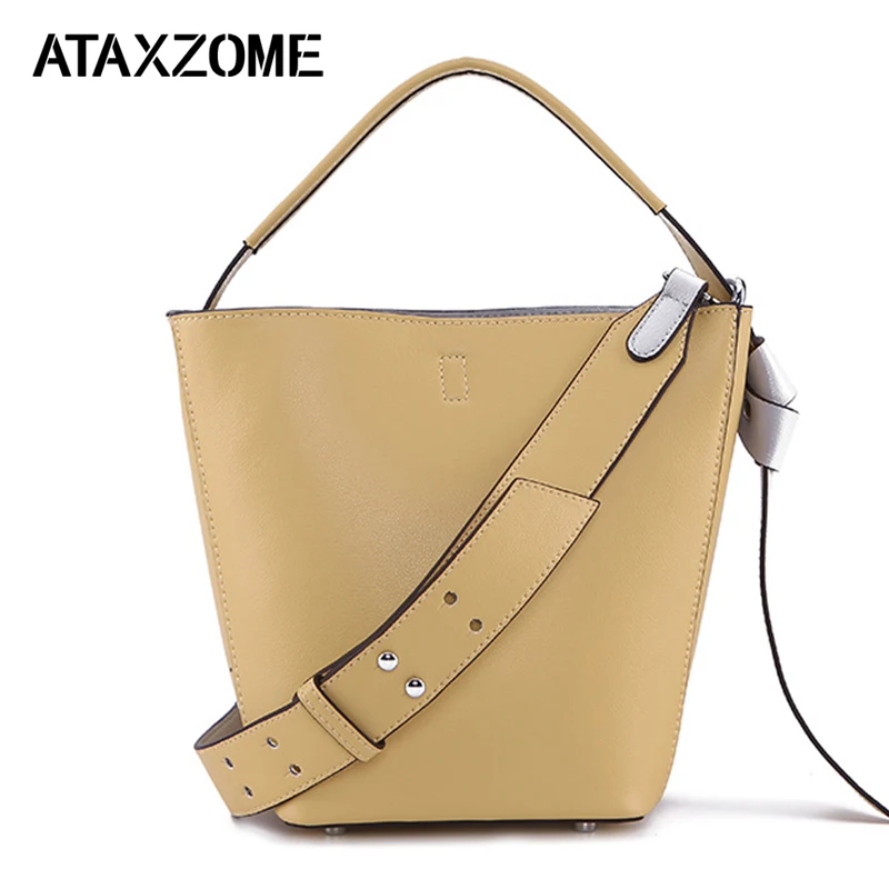 

ATAXZOME Bucket bag Inclined shoulder Genuine leather Hand-held OL Commuter Bag lady Casual Ruched Removable shoulder strap