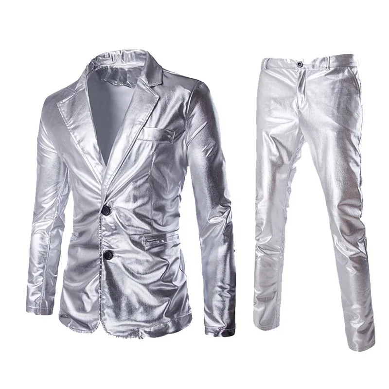 Лидер продаж, мужской костюм с покрытием золотого, серебряного, черного цвета(пиджак+ брюки), брендовый комплект с блейзером для свадебной вечеринки, блестящая одежда - Цвет: Серебристый