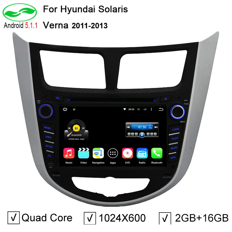  1024*600 Quad Core Pure Android 5.1.1 Car DVD GPS Player For Hyundai Solaris Verna Car PC Headunit Car Radio Video Player 