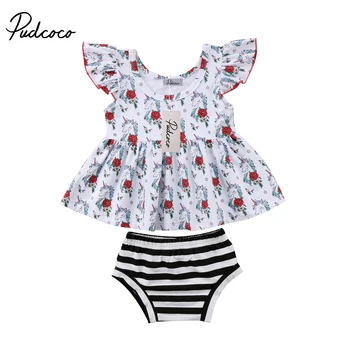 

New Fancy Baby Girl Infant Summer outfits suit floral horse print short swings sleeve T-shirt short black Striped Pants clothes