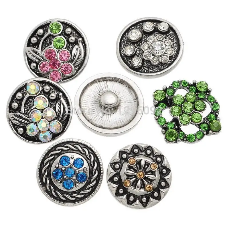 

50pcs/lot new hot many kinds colors shaped alloy rhinstone 20mm Snap Button jewerly leather bracelet Charm Button Jewelry