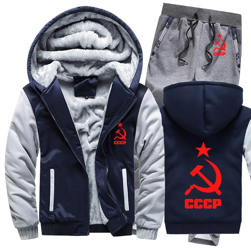 Зимний флисовый утолщенный спортивный костюм CCCP, русские толстовки с капюшоном, мужской комплект, повседневный теплый комплект из 2 предметов, толстовки с капюшоном в советском стиле, куртка+ штаны - Цвет: 806