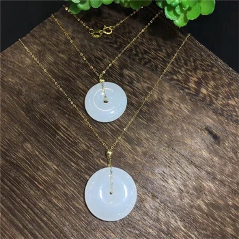 

New genuine 18K gold inlaid natural Chinese Green Jade safe buckle pendant clavicle chain