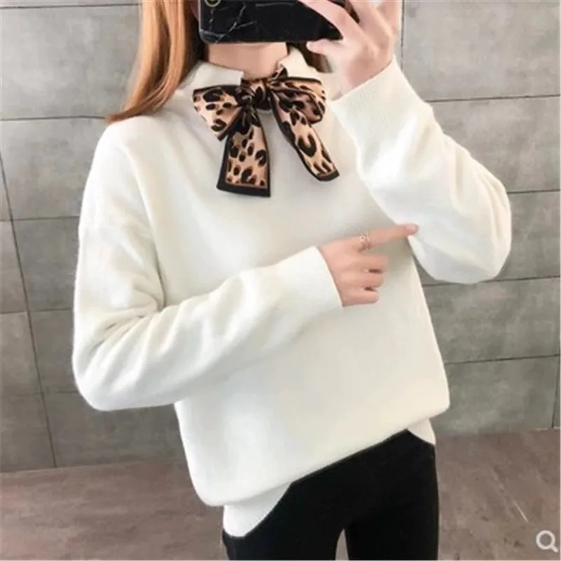 

2019 New Sweater Women's Half-High Collar Leopard Lace-up Knit Top Spring Autumn Fashion Pullover Ladies Riding Suit A632