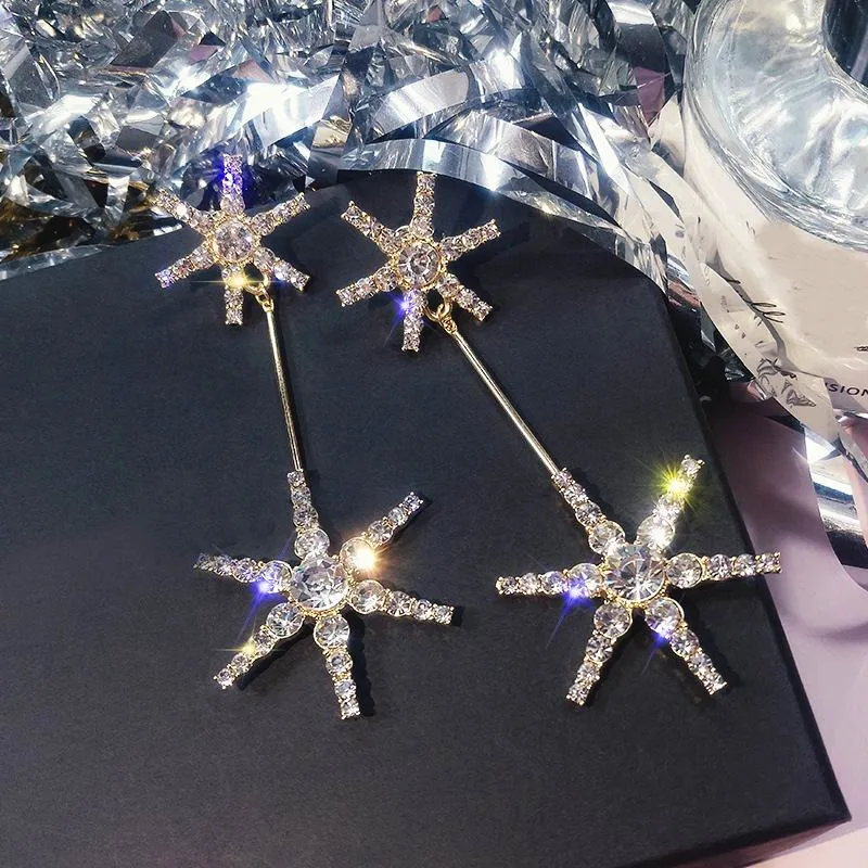 

Korean Double Star Rhinestone Drop Earrings For Women 925 Silver Needle Snowflake Earrings Fashion Jewelry Chic Bijoux Gifts