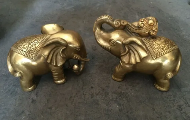 

A Pair of Exquisite Chinese Brass Folk animal Auspicious elephant playing Statues