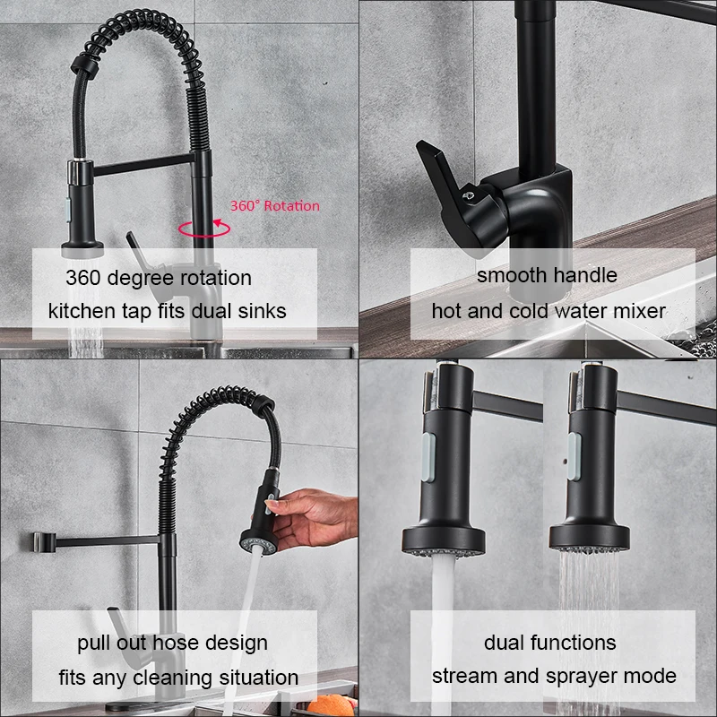 quyanre wanfan gappo bronze black spring kitchen faucet single handle mixer tap pull out 2 way sprayer deck mounted kitchen spring faucet mixer tap