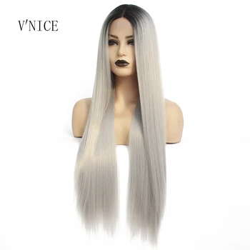 

V'NICE Ombre Grey Synthetic Lace Front Wig Natural Long Straight Silver High Temperature Fiber Wigs for Black Women Cosplay